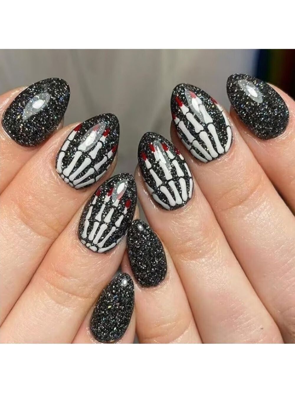 2/$10 Glitter Black Almond Nails with White Skeleton Accent
